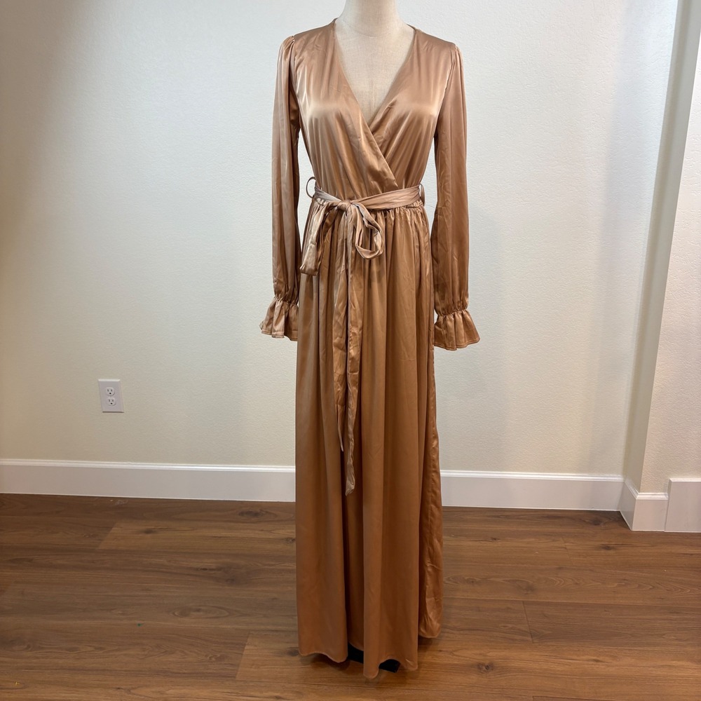 Baltic Born Katya Maxi Dress Women M Gold NWT Satin Ruffle Wrap Gown DD1175 - Picture 2 of 8